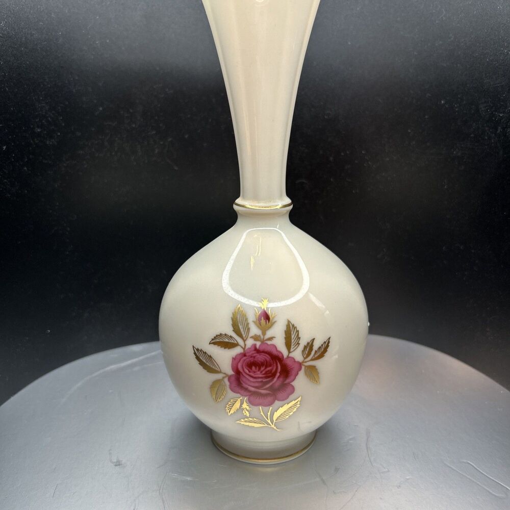 Lenox Ivory China Bud Vase Pink Rose Gold Trim Fluted Scalloped Rim Made in USA